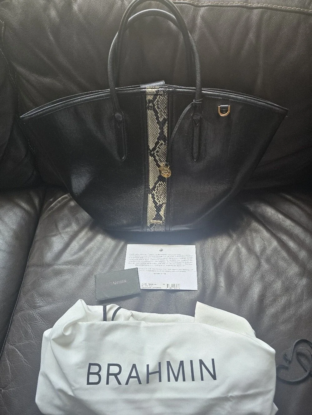 Brahmin Black Leather Satchel with Snake-Print Stripe - Picture 7 of 7